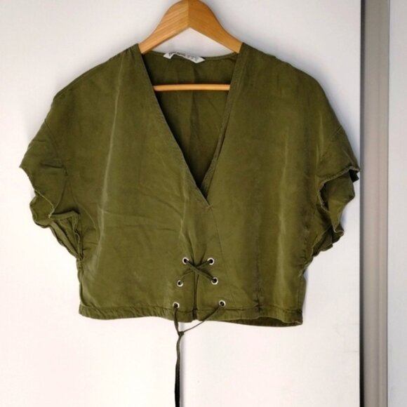 Zara Lace-Up Corset V-Neck Crop Top Olive Green M - Picture 1 of 4